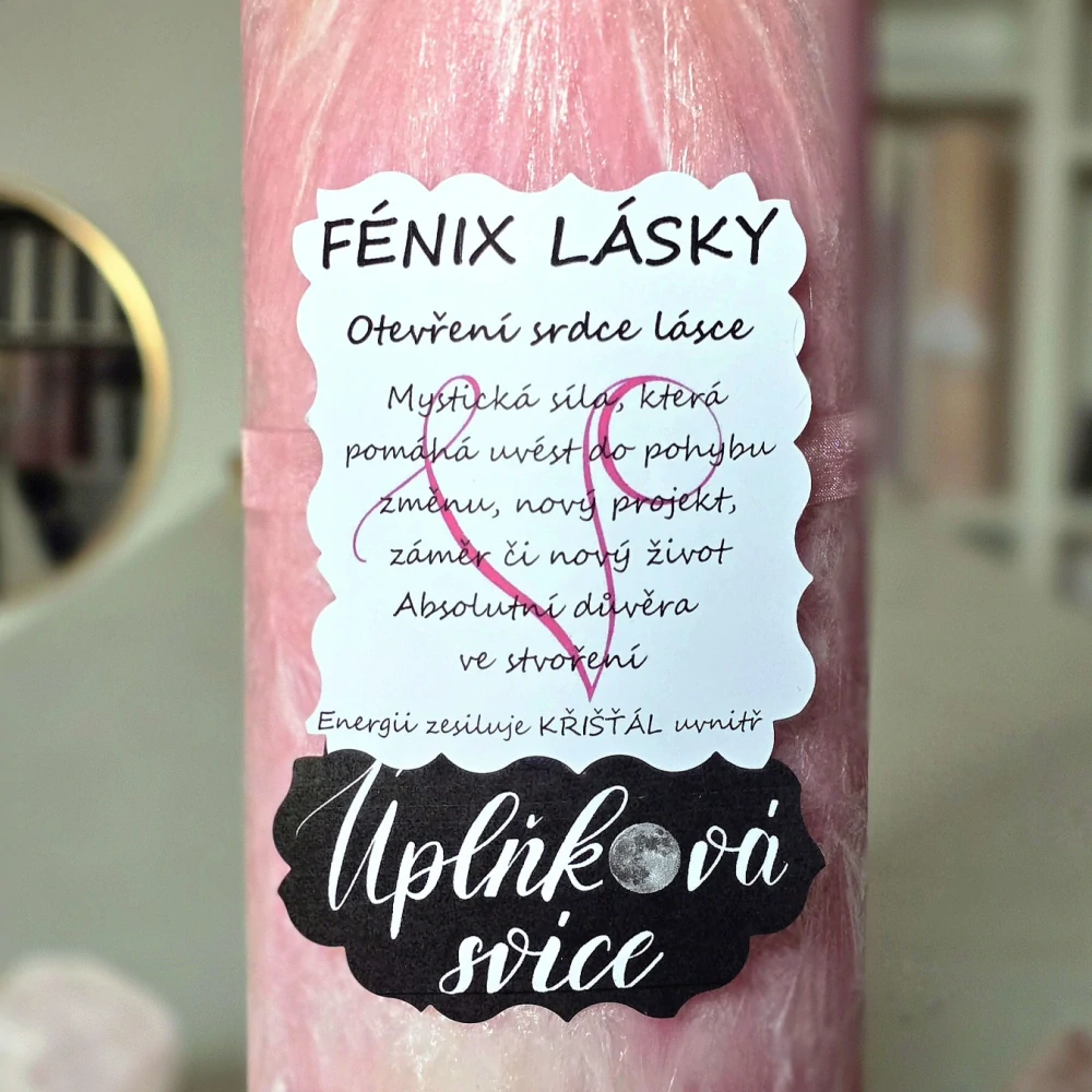 Energetická svíčka s křišťálem z Úplňku FÉNIX LÁSKY
