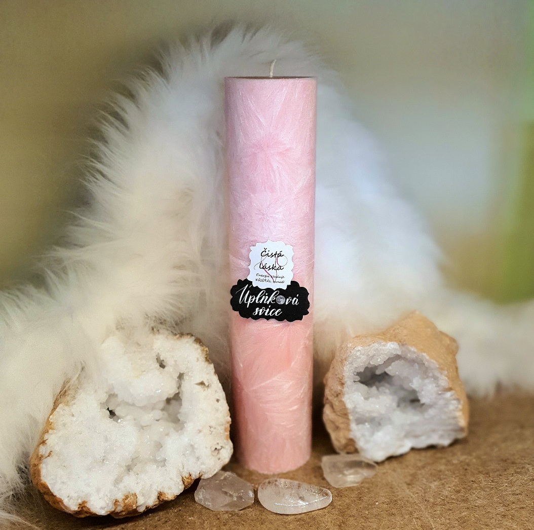 Energetická svíčka s křišťálem z Úplňku ČISTÁ LÁSKA 