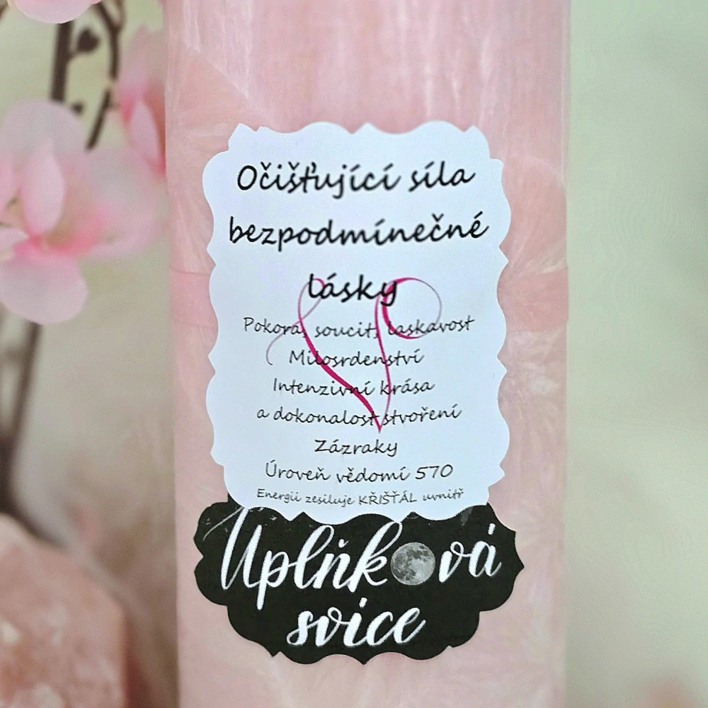 Energetická svíčka s křišťálem z Úplňku OČIŠŤUJÍCÍ SÍLA BEZPODMÍNEČNÉ LÁSKY