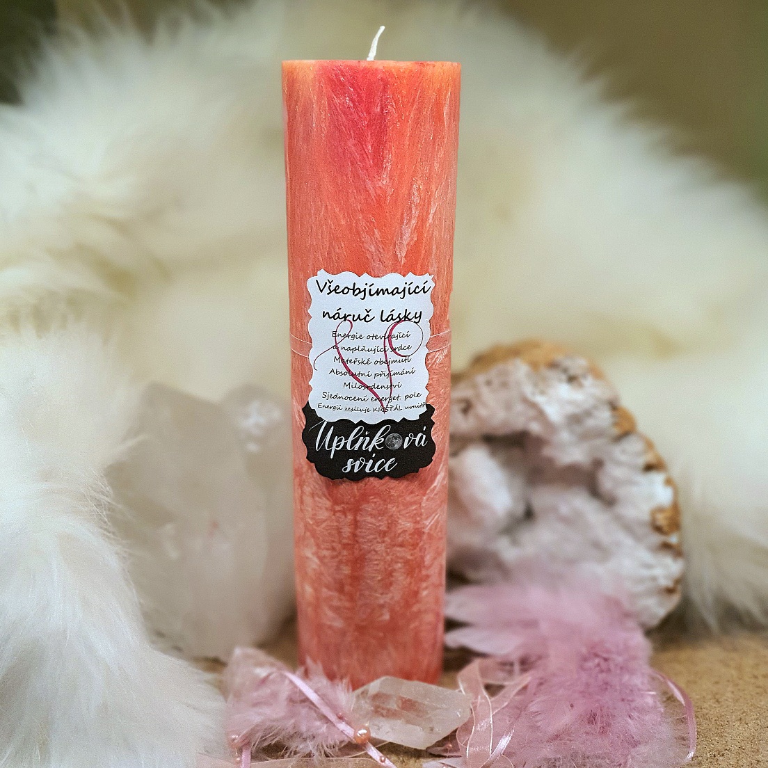 Energetická svíčka s křišťálem z Úplňku VŠEOBJÍMAJÍCÍ NÁRUČ LÁSKY