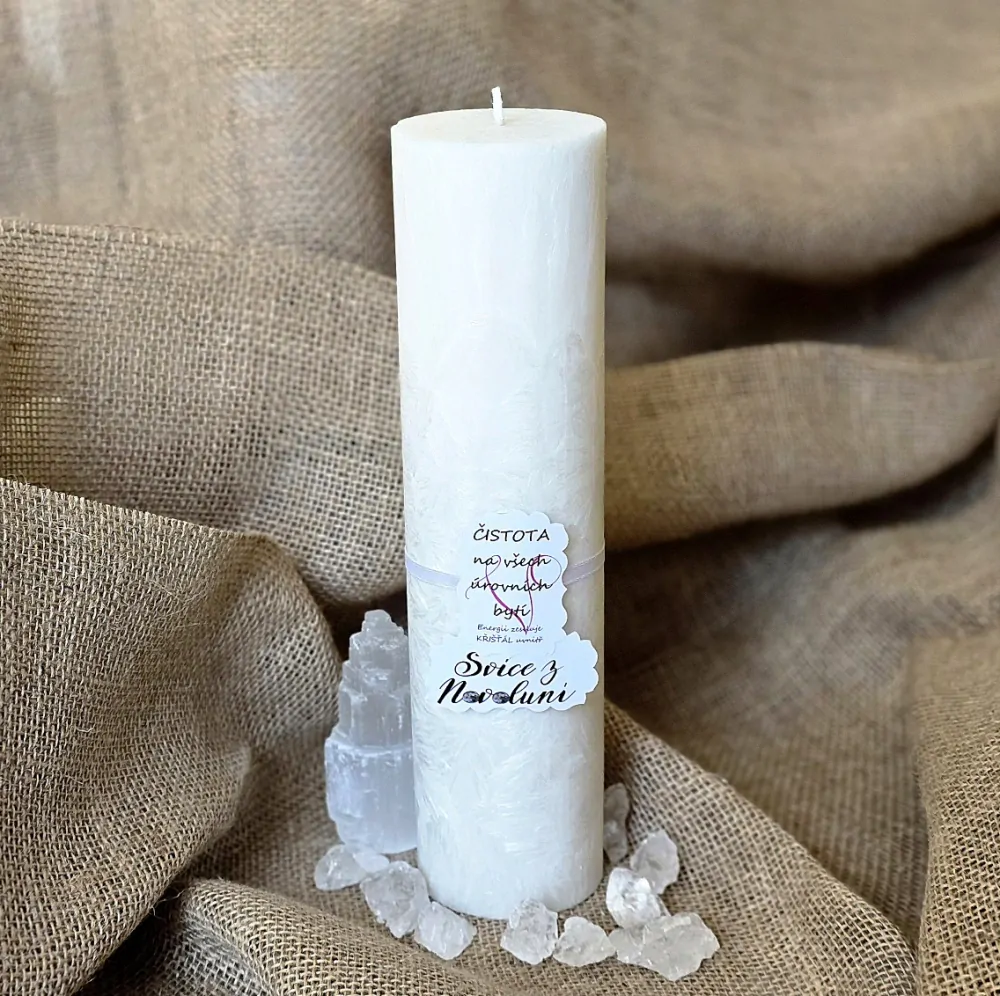 Energetická svíčka s křišťálem z Novoluní ČISTOTA NA VŠECH ÚROVNÍCH BYTÍ