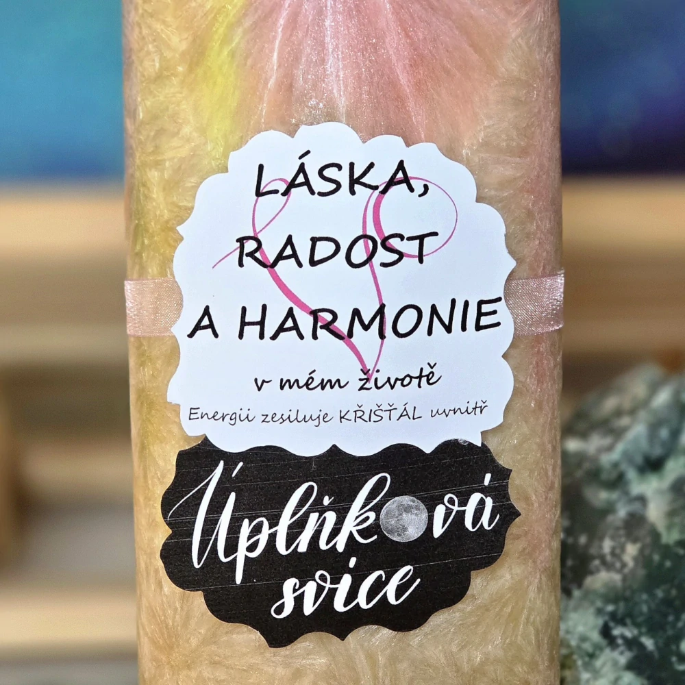 Energetická svíčka s křišťálem z Úplňku LÁSKA, RADOST A HARMONIE