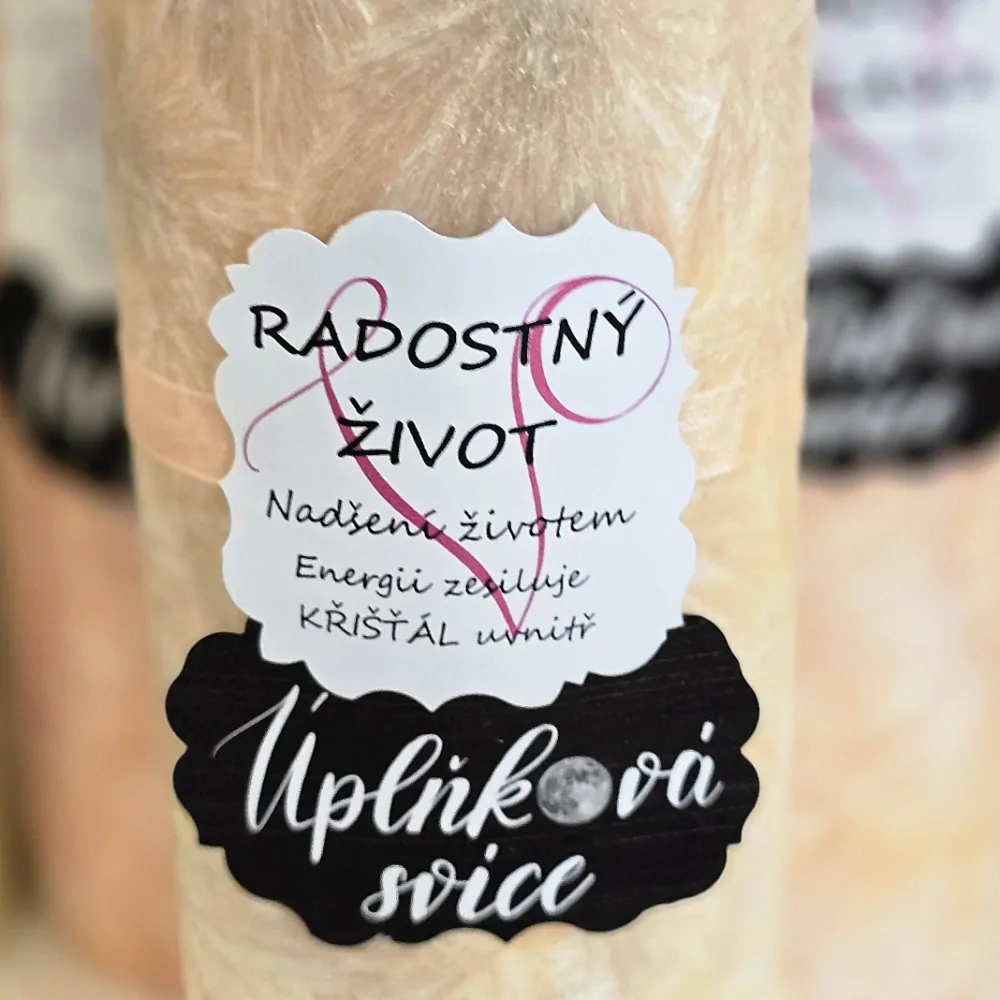 Energetická svíčka s křišťálem z Úplňku RADOSTNÝ ŽIVOT