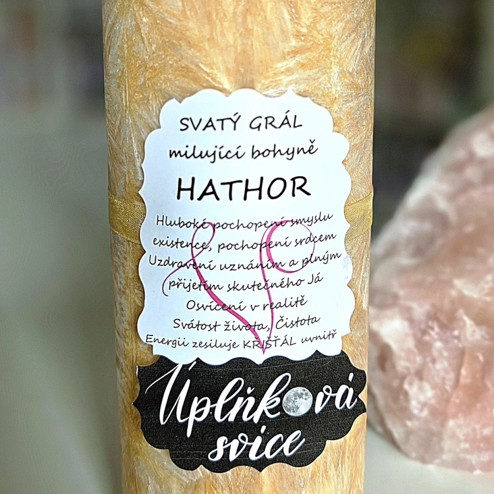 Energetická svíčka s křišťálem z Úplňku EGYPTSKÁ BOHYNĚ HATHOR
