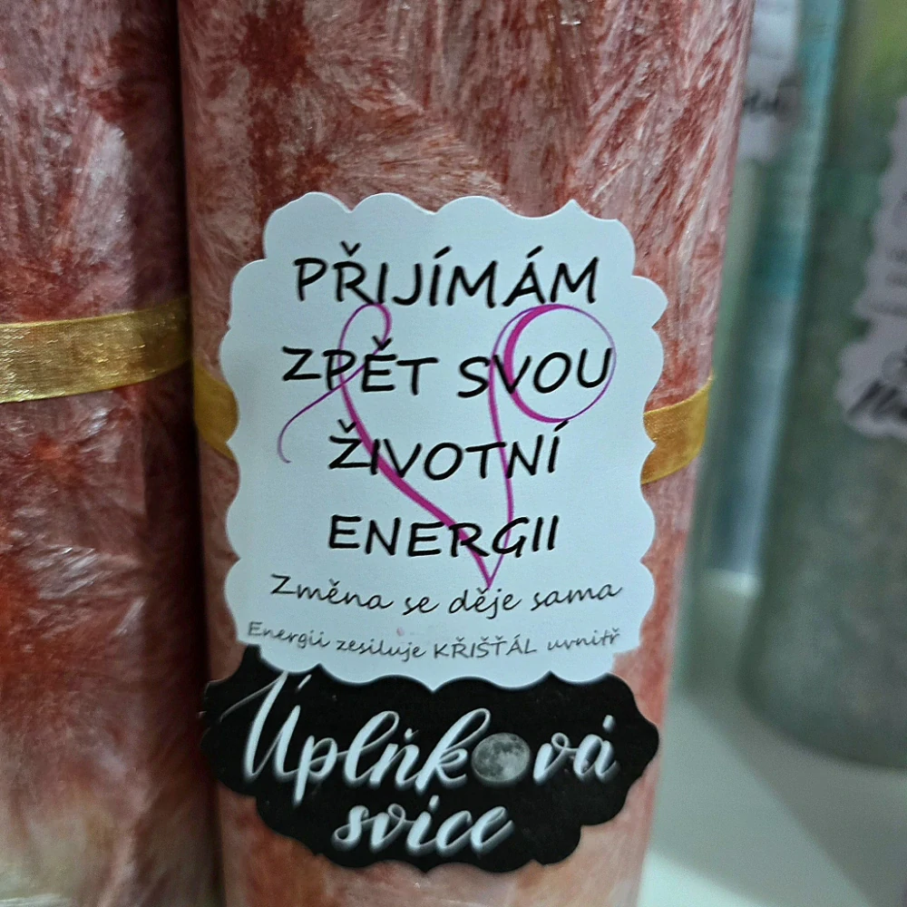 Energetická svíčka s křišťálem z Úplňku PŘIJÍMÁM ZPĚT SVOU ŽIVOTNÍ ENERGII