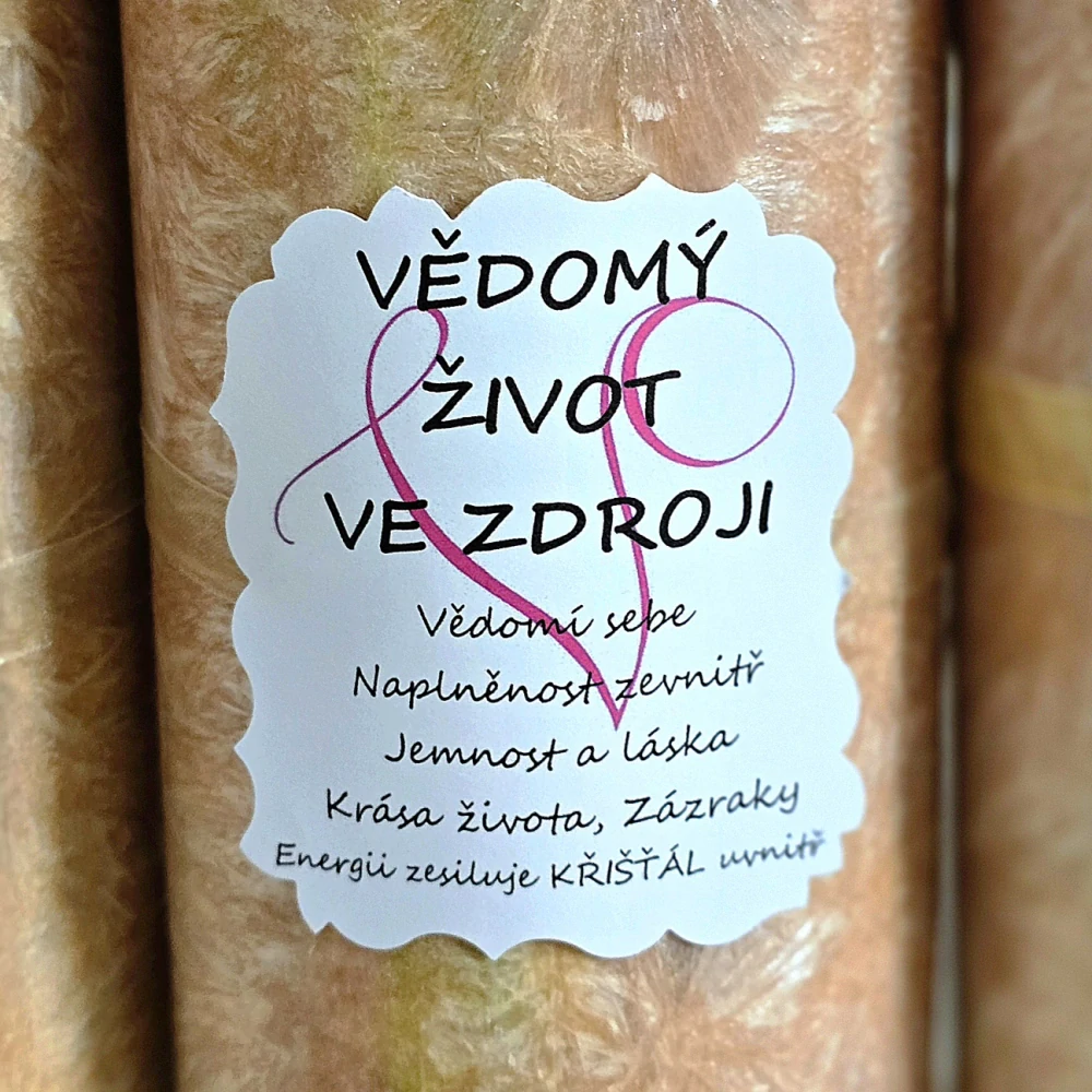 Energetická svíčka s křišťálem VĚDOMÝ ŽIVOT VE ZDROJI