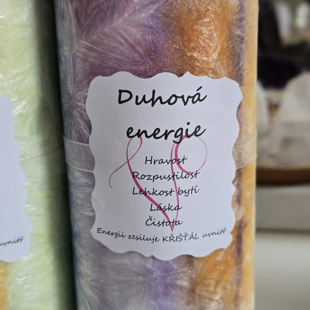 Energetická svíčka s křišťálem DUHOVÁ ENERGIE 