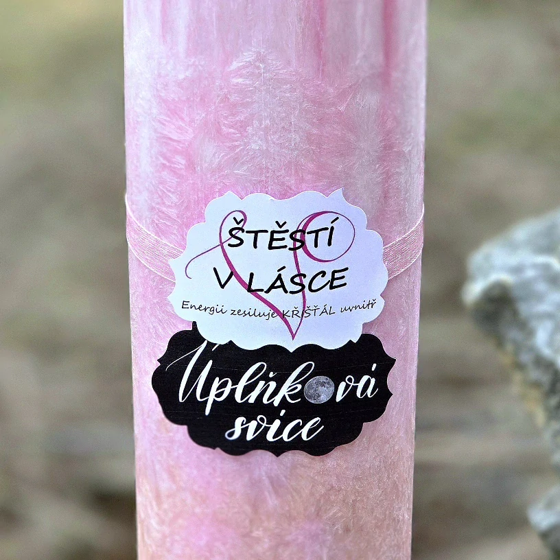 Energetická svíčka s křišťálem z Úplňku ŠTĚSTÍ V LÁSCE