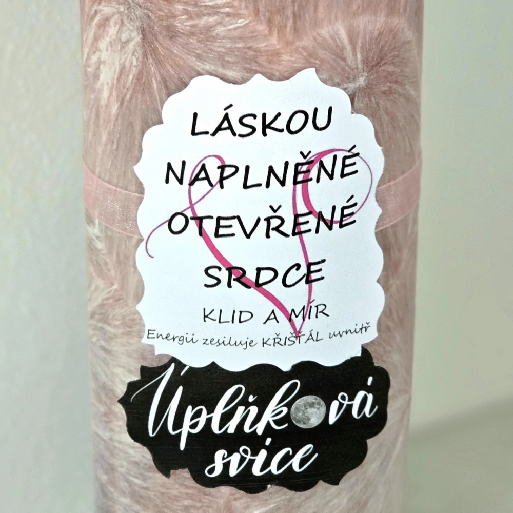 Energetická svíčka s křišťálem z Úplňku - LÁSKOU NAPLNĚNÉ OTEVŘENÉ SRDCE