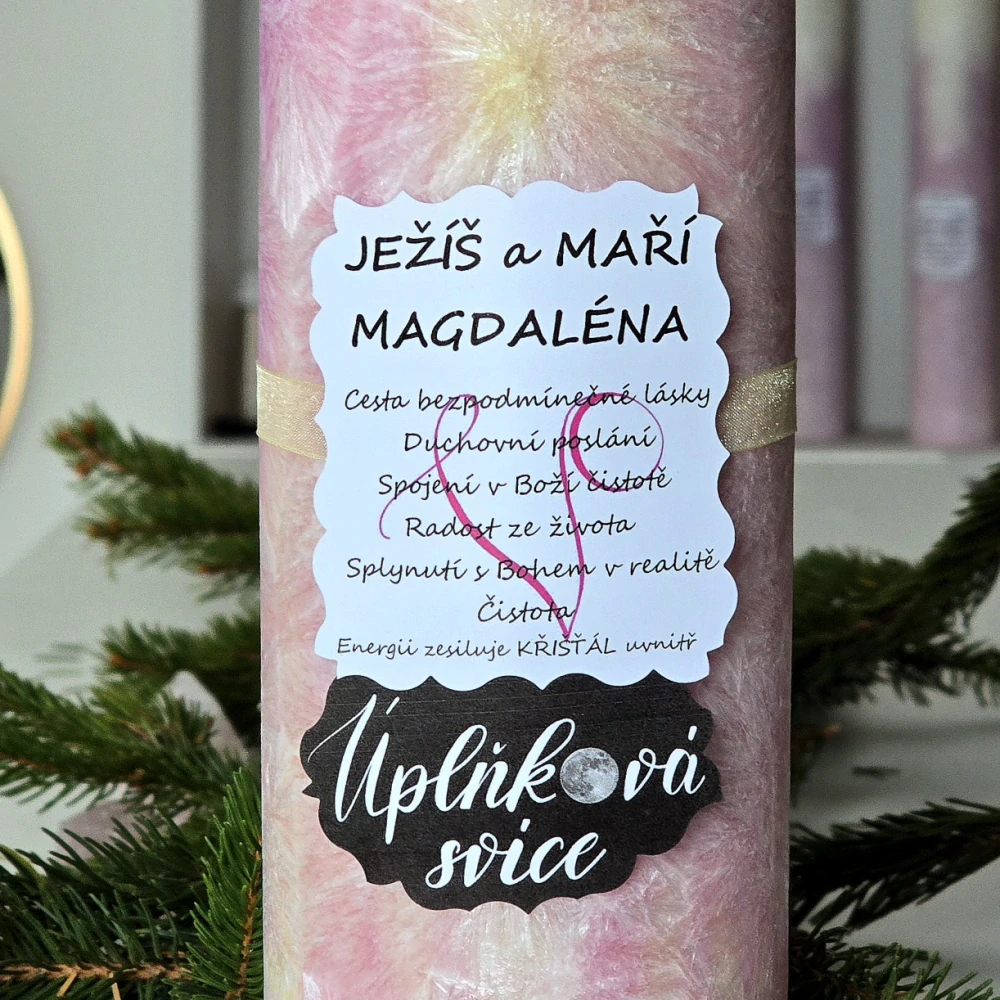 Energetická svíčka s křišťálem z Úplňku JEŽÍŠ A MAŘÍ MAGDALÉNA