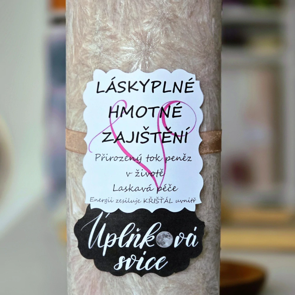 Energetická svíčka s křišťálem z Úplňku LÁSKYPLNÉ HMOTNÉ ZAJIŠTĚNÍ
