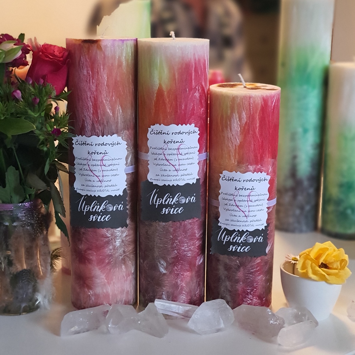 Energetická svíčka s křišťálem z Úplňku ČIŠTĚNÍ RODOVÝCH KOŘENŮ