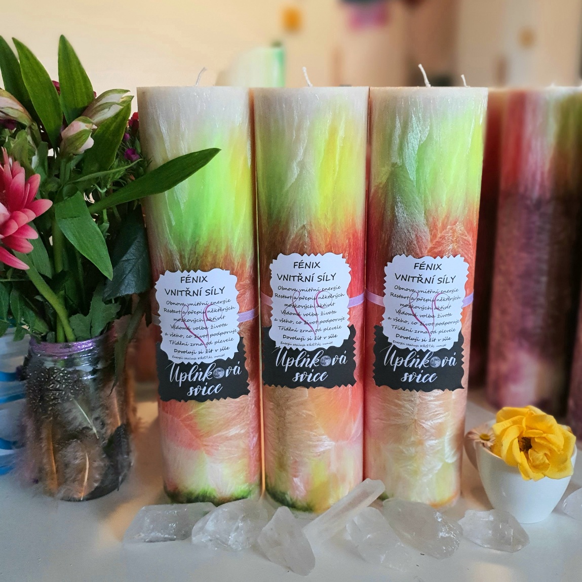 Energetická svíčka s křišťálem z Úplňku FÉNIX VNITŘNÍ SÍLY