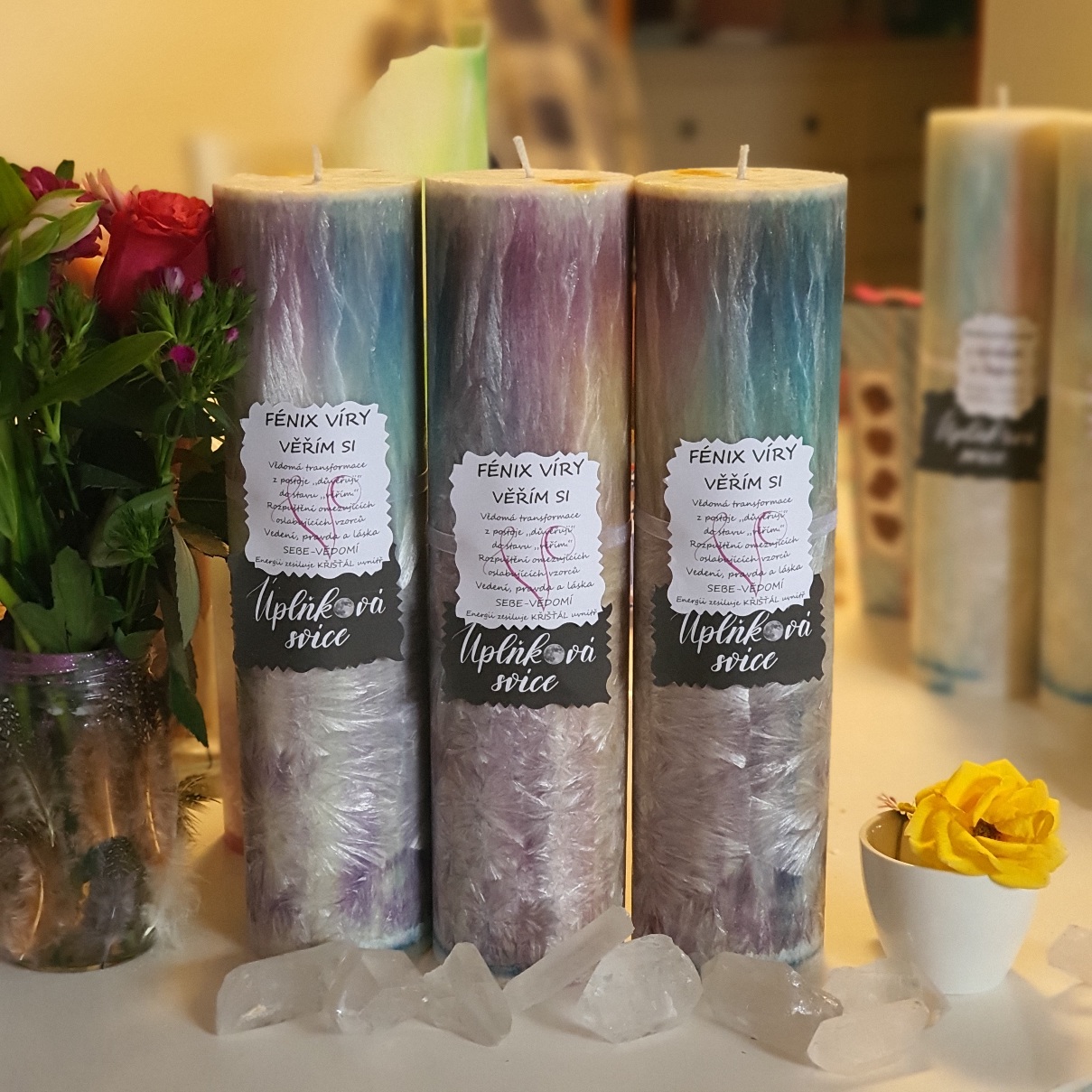 Energetická svíčka s křišťálem z Úplňku FÉNIX VÍRY
