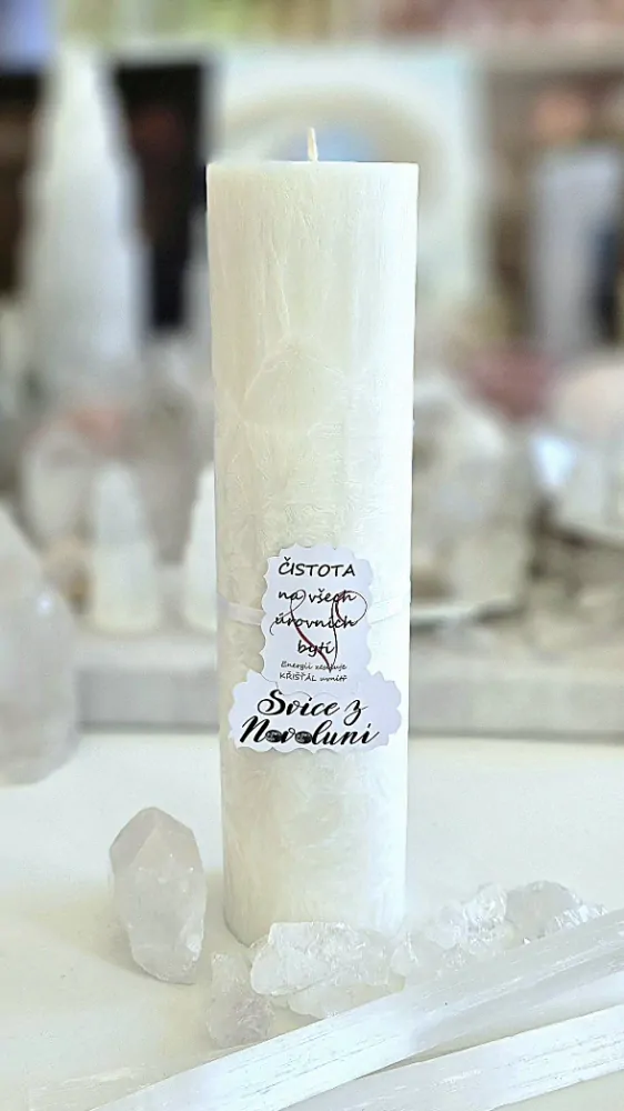 Energetická svíčka s křišťálem z Novoluní BÍLÁ TARA