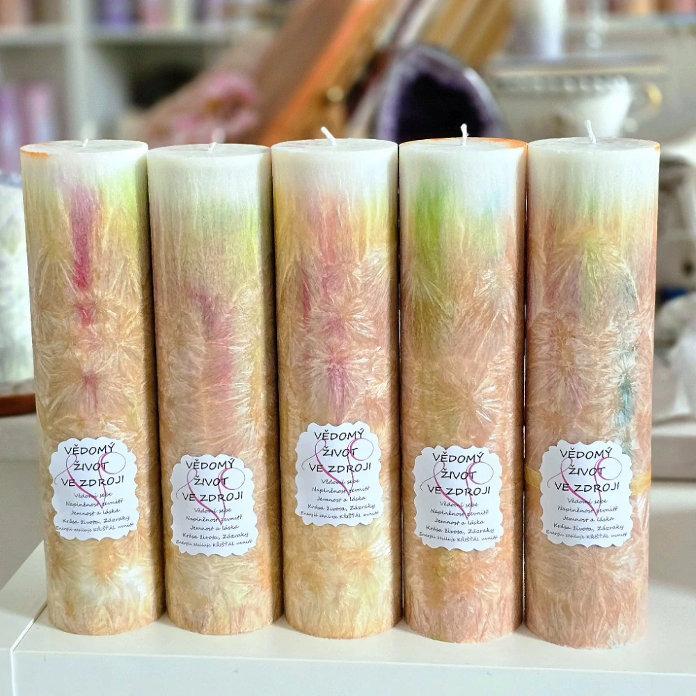 Energetická svíčka s křišťálem VĚDOMÝ ŽIVOT VE ZDROJI