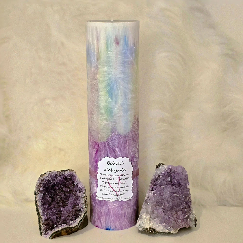 Energetická svíčka s křišťálem BOŽSKÁ ALCHYMIE
