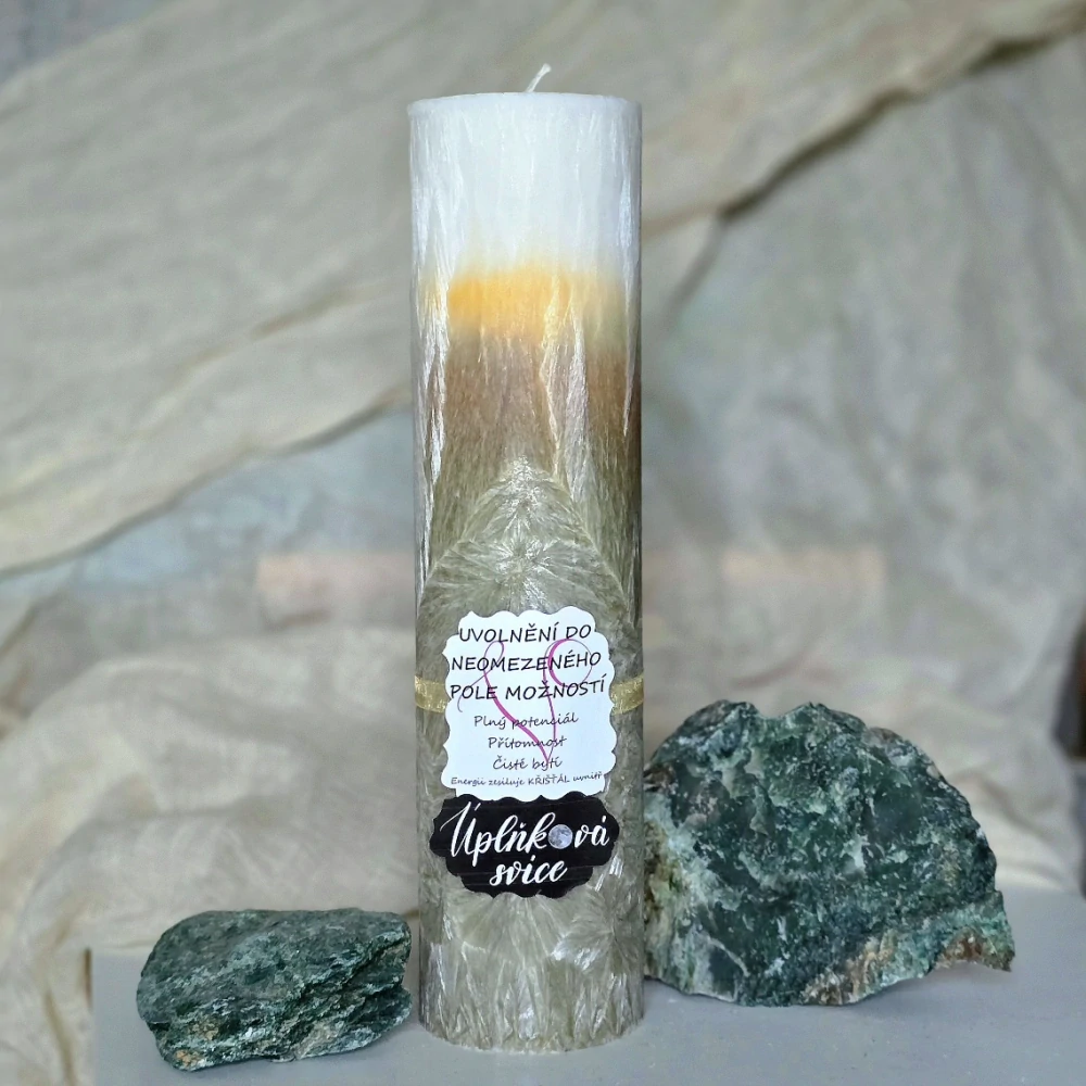 Energetická svíčka s křišťálem z Úplňku - UVOLNĚNÍ DO NEOMEZENÉHO POLE MOŽNOSTÍ