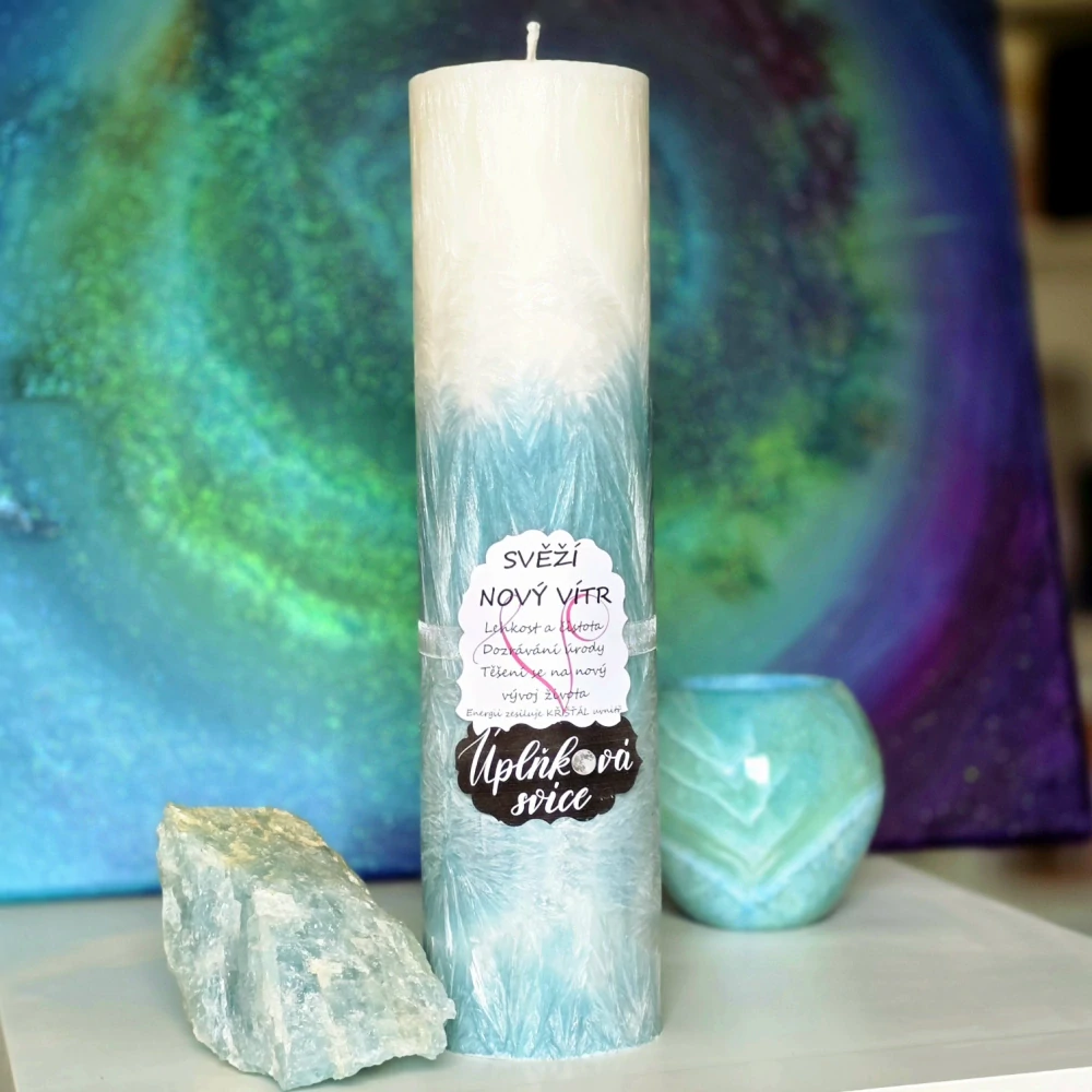 Energetická svíčka s křišťálem z Úplňku - SVĚŽÍ NOVÝ VÍTR