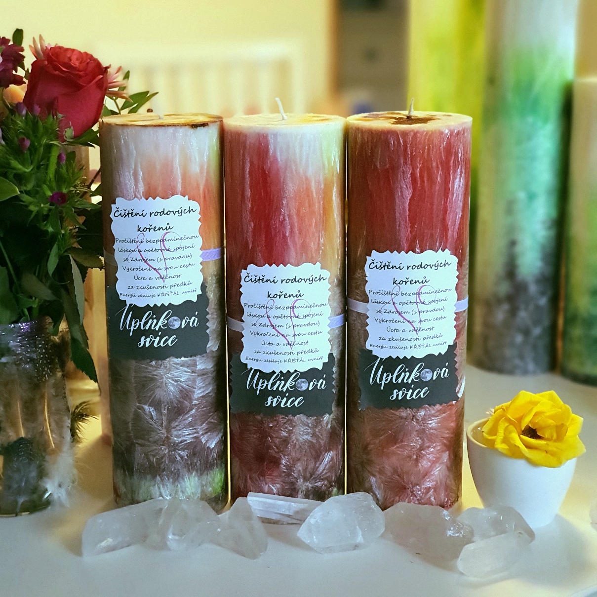 Energetická svíčka s křišťálem z Úplňku ČIŠTĚNÍ RODOVÝCH KOŘENŮ